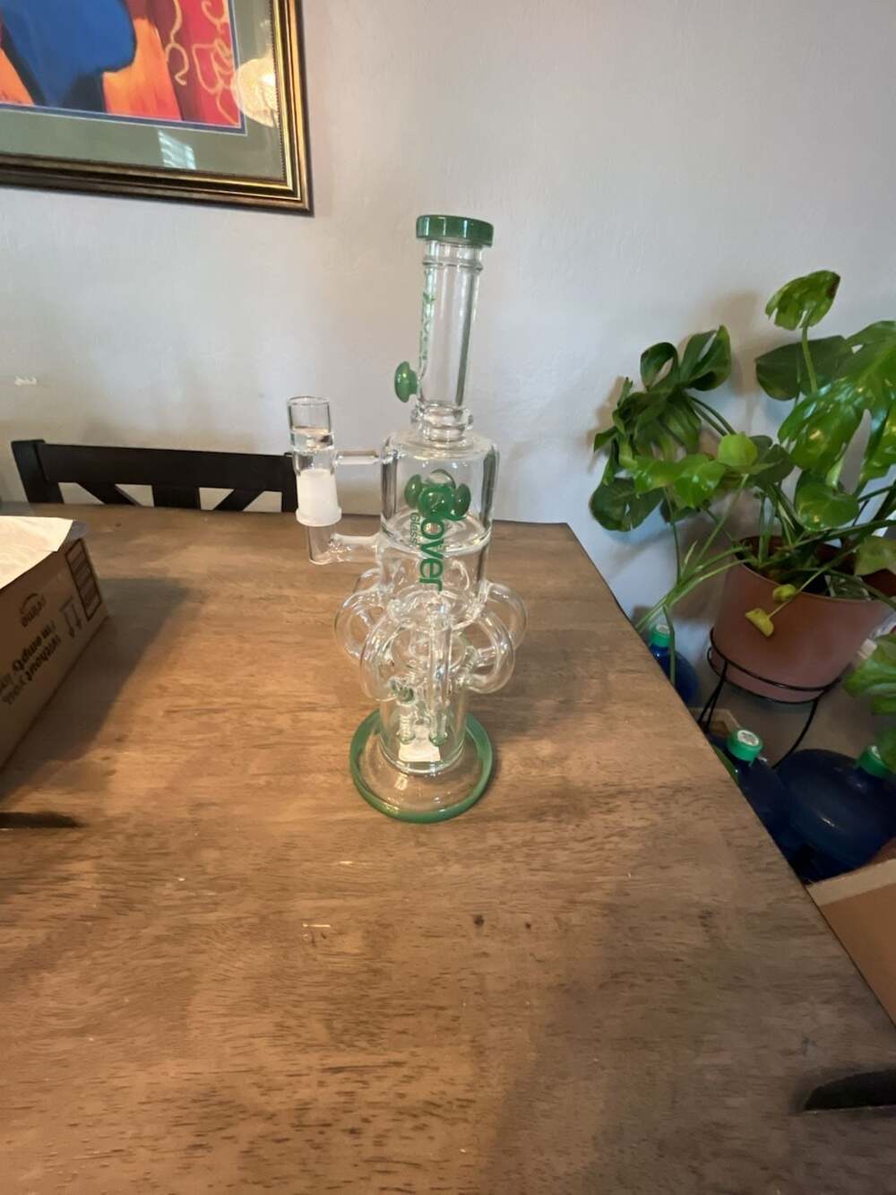 Clover Glass Recycler Water Piece with Green Accents